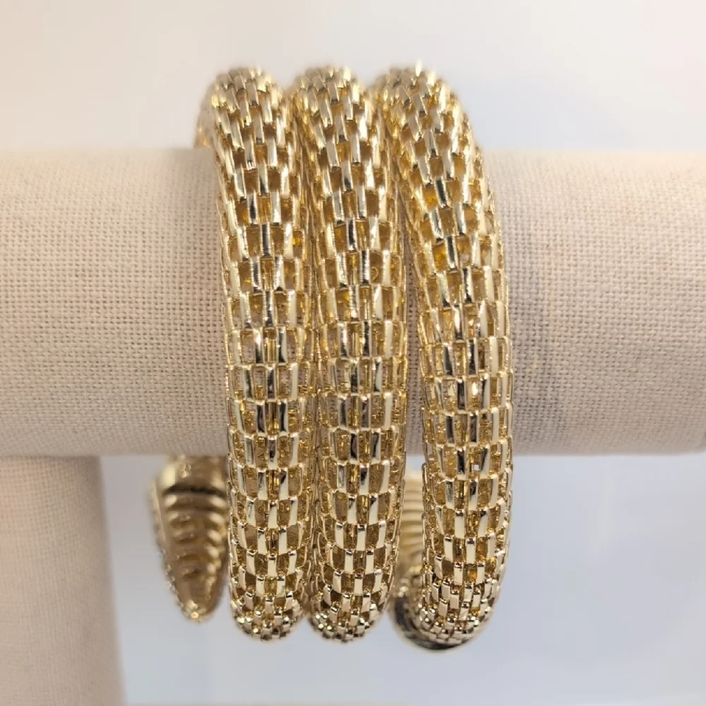 Gold Snake Coil Wrap Bracelet - Pave Rhinestones & Green Eyes - Statement Piece